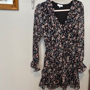 NSR Black Long-Sleeve Floral Ruffle Dress Size Small